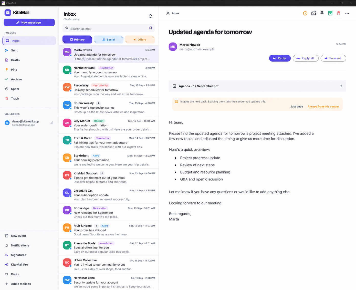 KiteMail desktop inbox with a message open. Desktop version in testing.