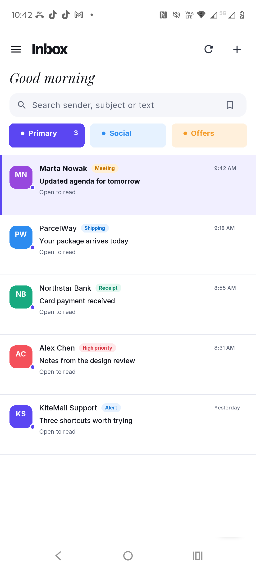 KiteMail mobile inbox showing Primary, Social and Offers categories.